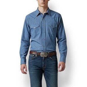 4/$20 Karman Blue Black Stripe Western Pearl Snap Shirt Mens Large Long Sleeve